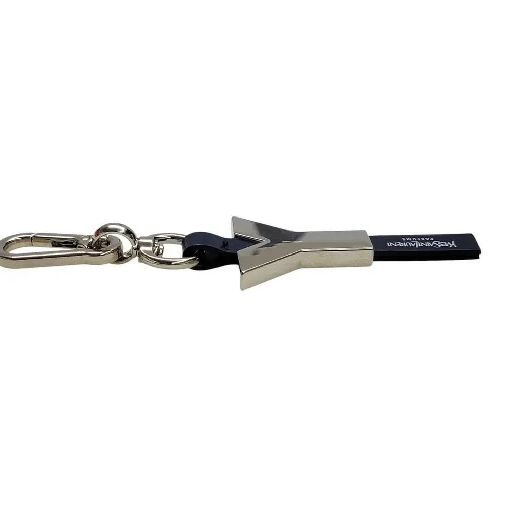 YSL Yves Saint Laurent Parfums Y Logo Silver Metal Leather Key Ring Bag Charm